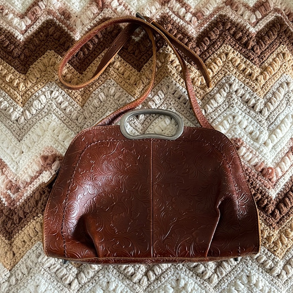 👜 Peter Edward Brown Tooled Leather Satchel Handbag Silver Hardware